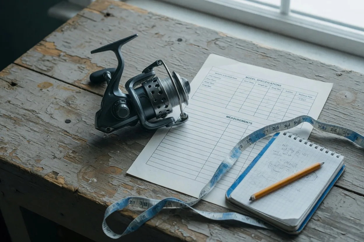 AI-generated illustration of an unbranded spinning reel, a spec sheet, and a measuring tape on a workbench